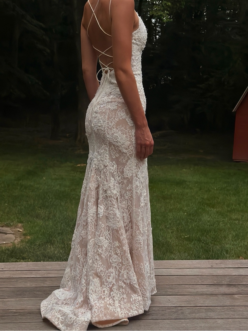 Sherri Hill White Lace Spaghetti-Strap Gown - Picture 3 of 6